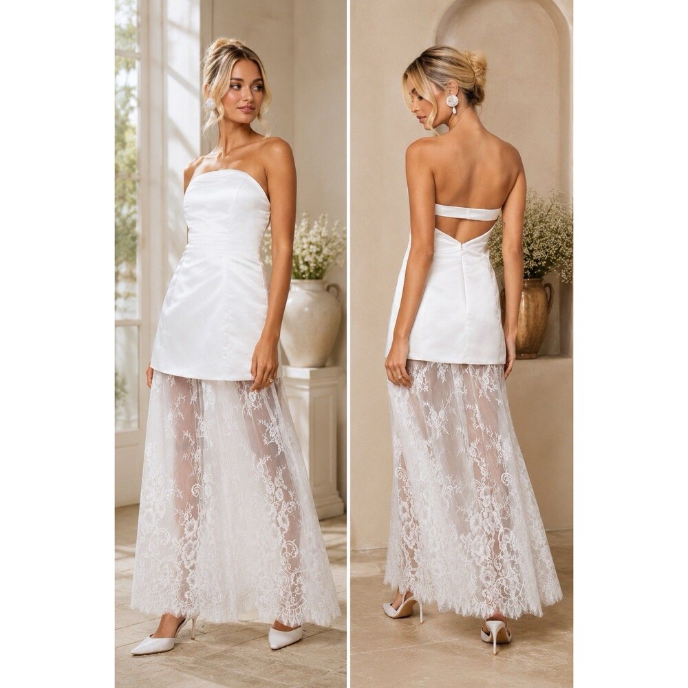 Lulus Winslet Maxi Dress White Satin Sheer Hem Strapless Size XL NWT